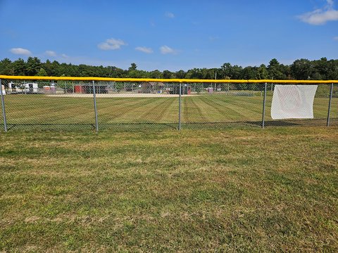 Baseball outfield behind a chain-link fence, mowed in clean straight stripes under a blue sky